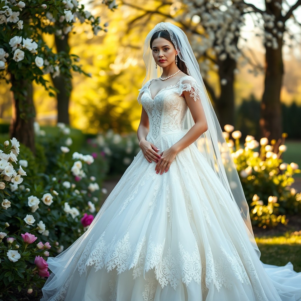 Portia from Shakespeare's 'The Merchant of Venice', elegantly dressed in a stunning wedding gown, embodying grace and beauty as a model