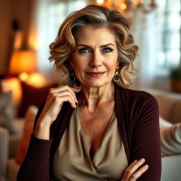 A mature and confident 52-year-old woman named Margaret, elegantly posed to highlight her experienced and wise demeanor