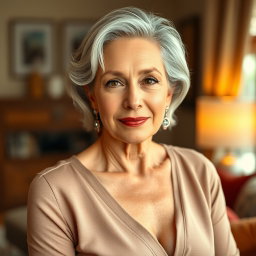 A mature and confident 52-year-old woman named Margaret, elegantly posed to highlight her experienced and wise demeanor