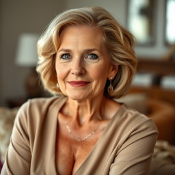 A mature and confident 52-year-old woman named Margaret, elegantly posed to highlight her experienced and wise demeanor
