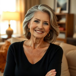 A mature and confident 52-year-old woman named Margaret, elegantly posed to highlight her experienced and wise demeanor