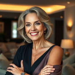 A mature and confident 49-year-old woman named Margaret, elegantly posed to showcase her experienced and wise demeanor