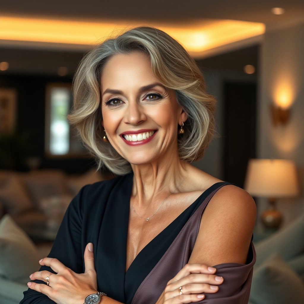 A mature and confident 49-year-old woman named Margaret, elegantly posed to showcase her experienced and wise demeanor