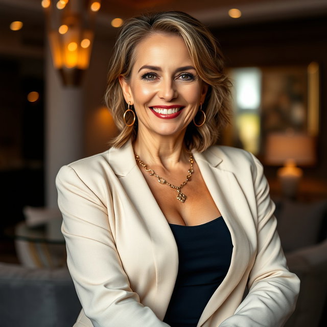 A mature and confident 49-year-old woman named Margaret, elegantly posed to showcase her experienced and wise demeanor