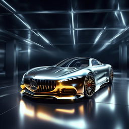 A revolutionary and luxurious concept of a Mercedes Benz supercar visualized in stunning 8K resolution, gleaming beneath spotlights.