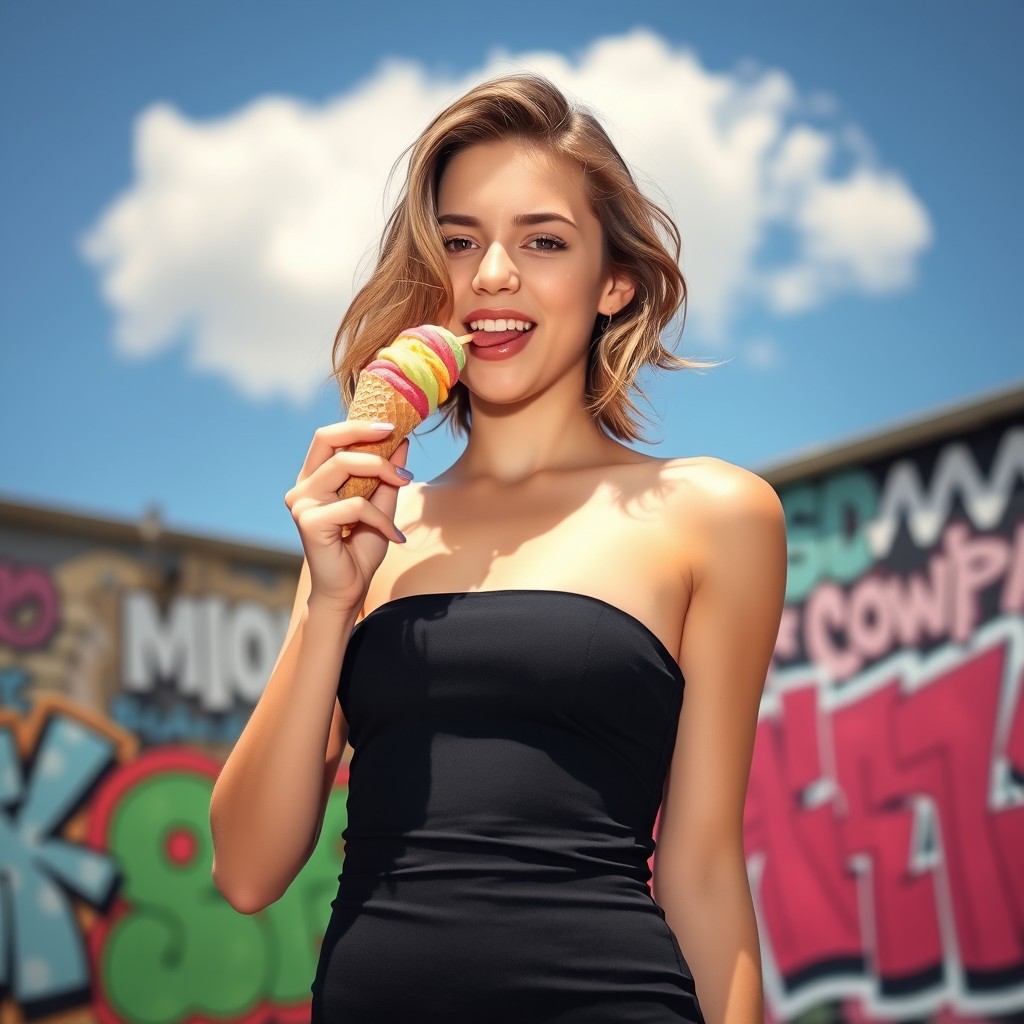 A stylish teenage girl with an edgy vibe, wearing a super tight and short strapless bodycon dress, enjoying a colorful ice cream cone