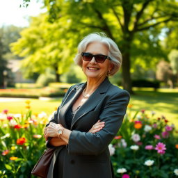 A sophisticated and sexy 45-year-old woman named Victoria, elegantly enjoying a sunny day in a beautiful park