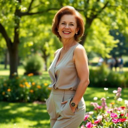 A sophisticated and sexy 45-year-old woman named Victoria, elegantly enjoying a sunny day in a beautiful park