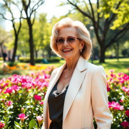A sophisticated and sexy 45-year-old woman named Victoria, elegantly enjoying a sunny day in a beautiful park