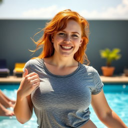 A playful and adventurous 23-year-old woman named Ruby, with striking ginger hair and a sweet demeanor, showcasing her freckled complexion