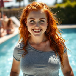 A playful and adventurous 23-year-old woman named Ruby, with striking ginger hair and a sweet demeanor, showcasing her freckled complexion