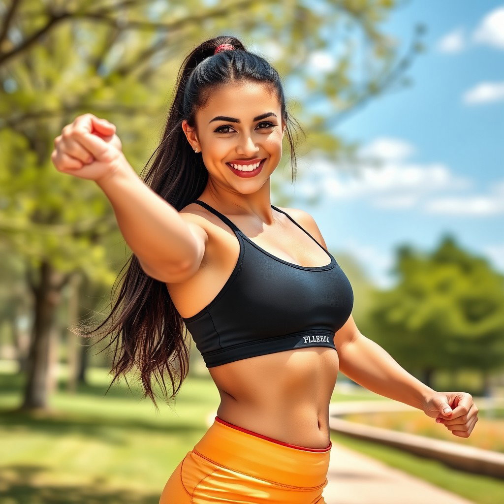 A 25-year-old fitness enthusiast named Alexis, showcasing her athletic build and energetic personality