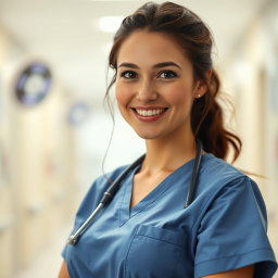 A 29-year-old nurse named Natalie, embodying a caring and compassionate demeanor, dressed in a professional nursing outfit