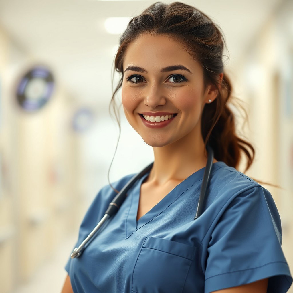 A 29-year-old nurse named Natalie, embodying a caring and compassionate demeanor, dressed in a professional nursing outfit
