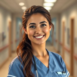 A 29-year-old nurse named Natalie, embodying a caring and compassionate demeanor, dressed in a professional nursing outfit