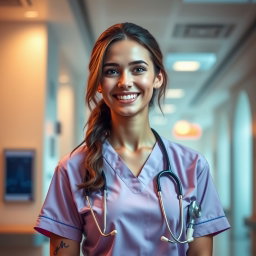 A 29-year-old nurse named Natalie, embodying a caring and compassionate demeanor, dressed in a professional nursing outfit