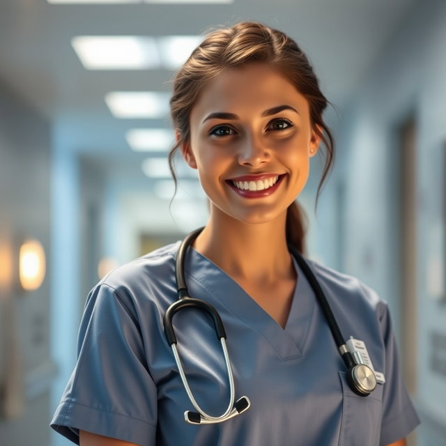 A 29-year-old nurse named Natalie, embodying a caring and compassionate demeanor, dressed in a professional nursing outfit