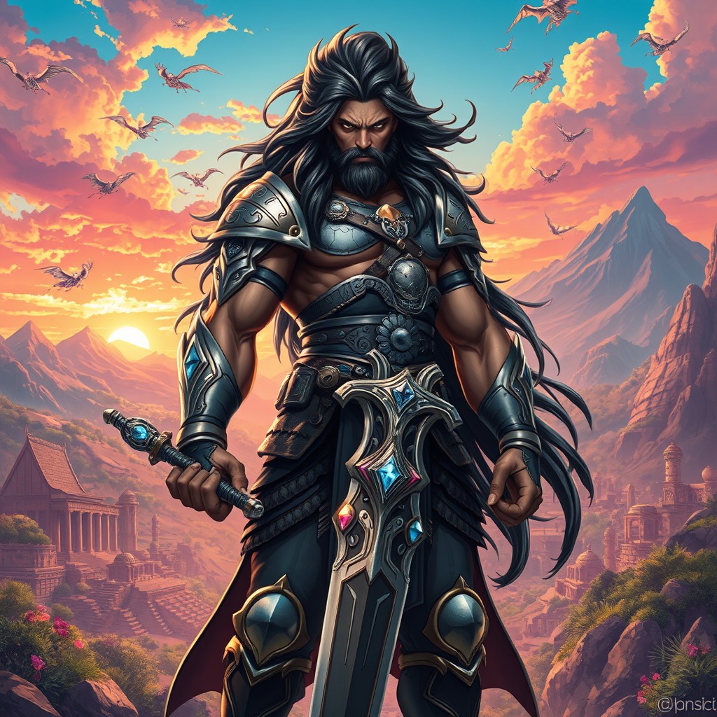 A visually captivating illustration of Humadapnon, a character from epic mythology, portrayed as a heroic and powerful figure