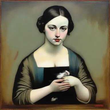 The artist portrayed the character in the painting overcoming her musophobia by courageously holding a mouse.
