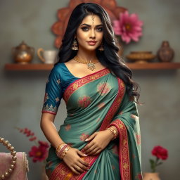 A captivating figure named Priya, an Indian busty beauty who embodies an exotic allure