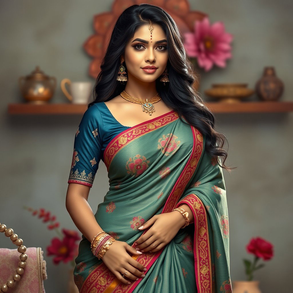 A captivating figure named Priya, an Indian busty beauty who embodies an exotic allure