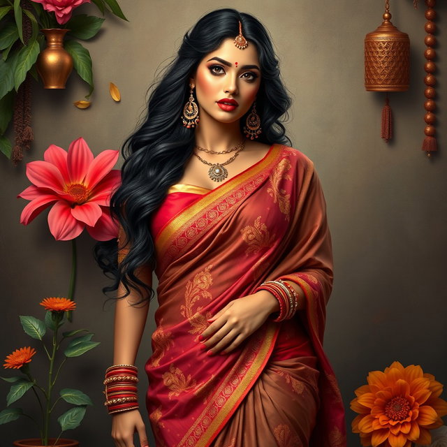 A captivating figure named Priya, an Indian busty beauty who embodies an exotic allure
