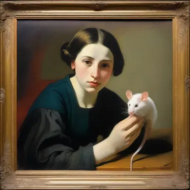 The artist portrayed the character in the painting overcoming her musophobia by courageously holding a mouse.