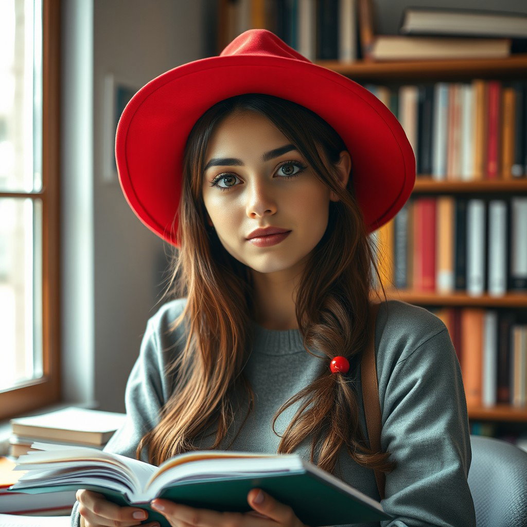 A captivating portrayal of a 20-year-old sexy student wearing a striking red hat, embodying a blend of curiosity and innocence