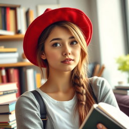 A captivating portrayal of a 20-year-old sexy student wearing a striking red hat, embodying a blend of curiosity and innocence