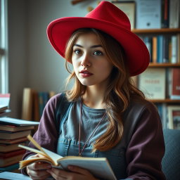 A captivating portrayal of a 20-year-old sexy student wearing a striking red hat, embodying a blend of curiosity and innocence