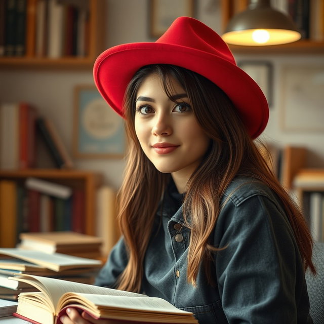 A captivating portrayal of a 20-year-old sexy student wearing a striking red hat, embodying a blend of curiosity and innocence
