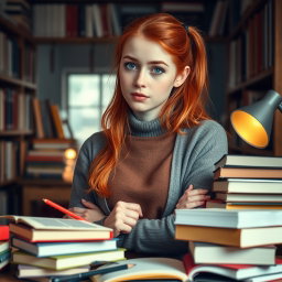 A captivating portrayal of a 20-year-old sexy student with striking red hair, embodying curiosity and innocence