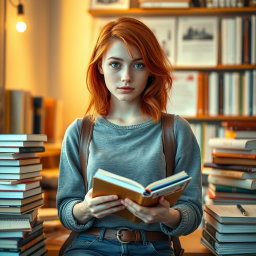 A captivating portrayal of a 20-year-old sexy student with striking red hair, embodying curiosity and innocence