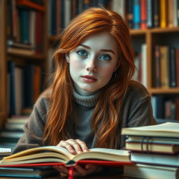 A captivating portrayal of a 20-year-old sexy student with striking red hair, embodying curiosity and innocence