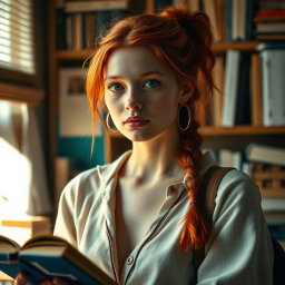 A captivating portrayal of a 20-year-old sexy student with striking red hair, embodying curiosity and innocence