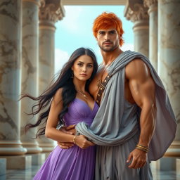 In a grand setting inspired by the movie 'Hercules', featuring the princess of Thebes, Megara, portrayed as a strong and beautiful woman in a long lavender Greek dress, embodying classic Greek fashion