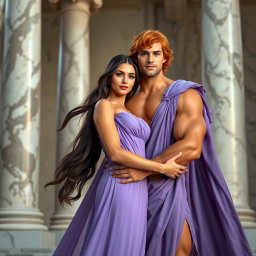 In a grand setting inspired by the movie 'Hercules', featuring the princess of Thebes, Megara, portrayed as a strong and beautiful woman in a long lavender Greek dress, embodying classic Greek fashion