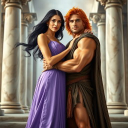 In a grand setting inspired by the movie 'Hercules', featuring the princess of Thebes, Megara, portrayed as a strong and beautiful woman in a long lavender Greek dress, embodying classic Greek fashion