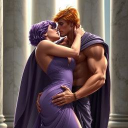 In a high-resolution scene set against marble columns, a beautiful and sexy character inspired by Megara from the movie "Hercules" is passionately embracing a handsome man resembling Hercules