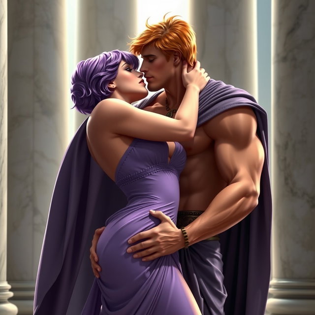 In a high-resolution scene set against marble columns, a beautiful and sexy character inspired by Megara from the movie "Hercules" is passionately embracing a handsome man resembling Hercules