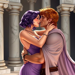 In a high-resolution scene set against marble columns, a beautiful and sexy character inspired by Megara from the movie "Hercules" is passionately embracing a handsome man resembling Hercules