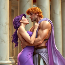 In a high-resolution scene set against marble columns, a beautiful and sexy character inspired by Megara from the movie "Hercules" is passionately embracing a handsome man resembling Hercules