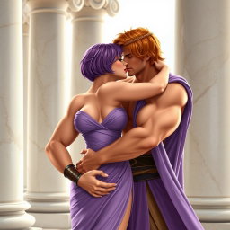In a high-resolution scene set against marble columns, a beautiful and sexy character inspired by Megara from the movie "Hercules" is passionately embracing a handsome man resembling Hercules