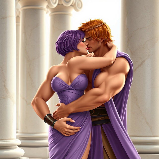 In a high-resolution scene set against marble columns, a beautiful and sexy character inspired by Megara from the movie "Hercules" is passionately embracing a handsome man resembling Hercules