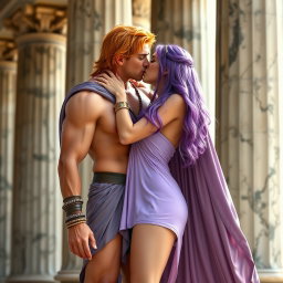 In a high-resolution scene featuring a tall woman inspired by Megara from the movie "Hercules," she has long violet hair and is wearing a short, provocative lavender Greek dress