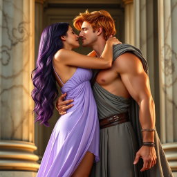 In a high-resolution scene featuring a tall woman inspired by Megara from the movie "Hercules," she has long violet hair and is wearing a short, provocative lavender Greek dress
