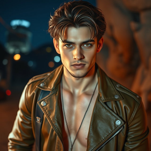 An intriguing depiction of a sexy 26-year-old boyfriend, embodying a mysterious and edgy vibe
