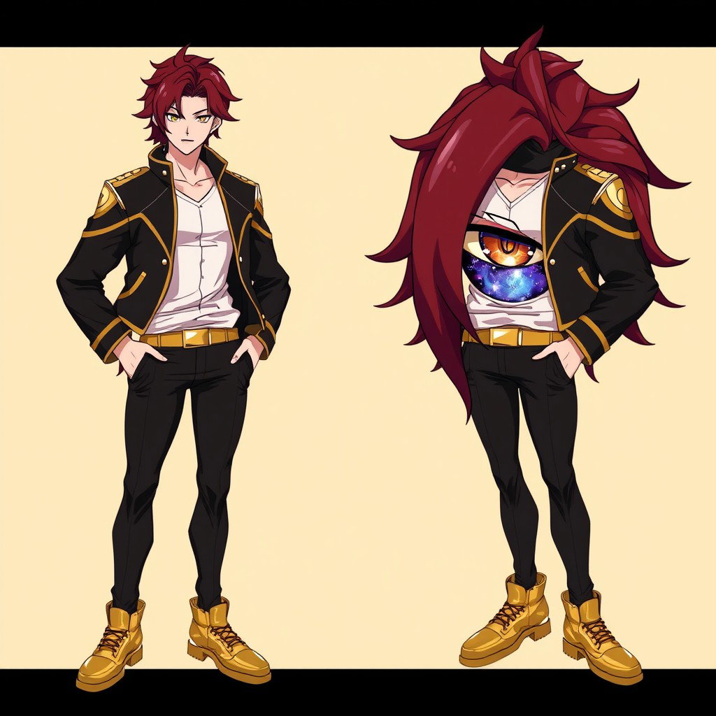An anime boy with striking burgundy and brown hair, wearing a stylish black and golden jacket paired with fitted black pants and eye-catching gold shoes