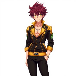 An anime boy with striking burgundy and brown hair, wearing a stylish black and golden jacket paired with fitted black pants and eye-catching gold shoes