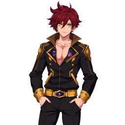 An anime boy with striking burgundy and brown hair, wearing a stylish black and golden jacket paired with fitted black pants and eye-catching gold shoes